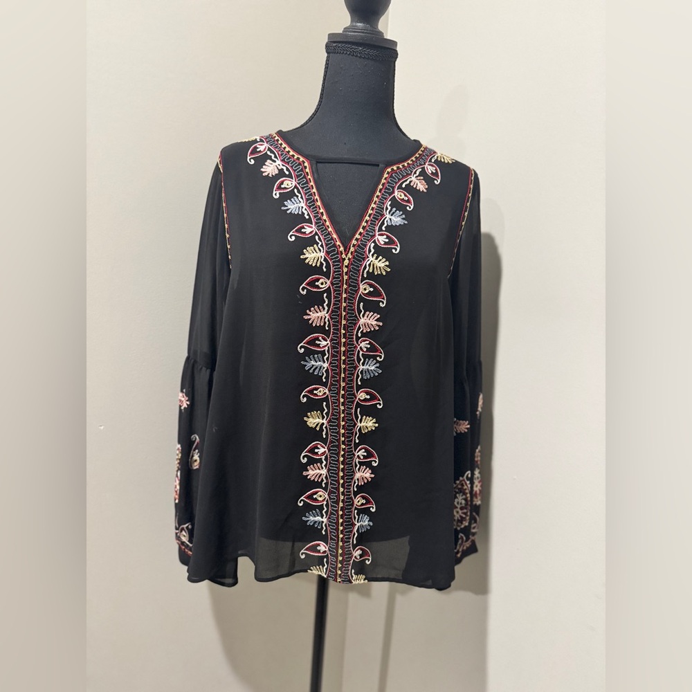 Love Sam Black Blouse Colorful Embroidery Cottagecore Western Boho Womens Small